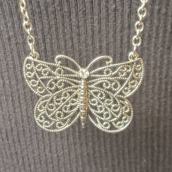 Long Silver-Tone Filigree Butterfly Pendant Necklace – Sparkle Accent - Picture 3 of 4